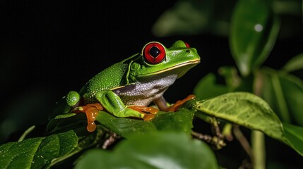 Obraz premium A close-up of a vibrant green tree frog perched on a leaf, its bright red eyes standing out against its surroundings.