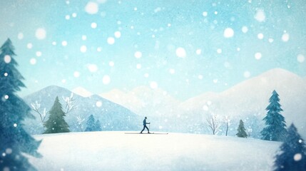 Person cross country skiing alone on peaceful snowy landscape with soft falling snow