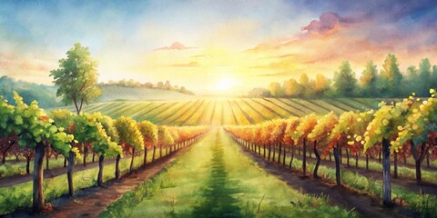 Fototapeta premium Radiant watercolor painting of a vineyard in late summer