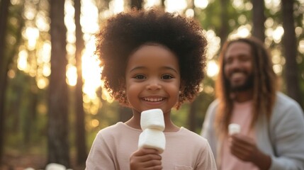 Little black girl roasting marshmallows with parents camping in forest, family adventure