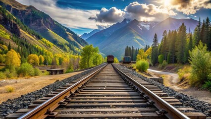 Fototapeta premium Railroad tracks on a mountain slope with a railroad switcher in the background