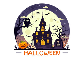 Happy Halloween Night Vector Illustration featuring Pumpkins in the Moonlight, Ghosts, and Other Spooky Elements in a Flat Cartoon Background