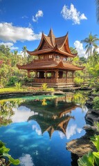 A traditional wooden Asian style pagoda with a reflecting pond, surrounded by lush greenery and palm trees under a blue sky with white clouds.
