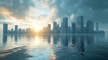 Fototapeta premium Urban skyline at sunrise reflected in water with dramatic clouds above.