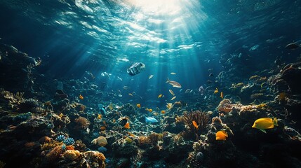 Fototapeta premium Vibrant underwater scene with coral reefs and diverse marine life illuminated by sunlight.
