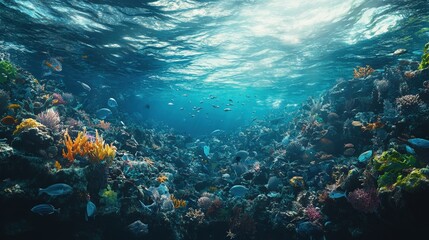 Obraz premium Vibrant underwater scene with diverse coral reefs and colorful fish.