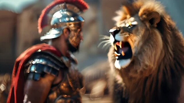 Gladiator Facing Roaring Lion in Arena