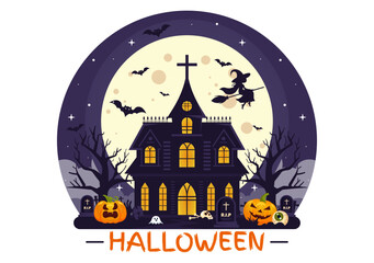 Happy Halloween Night Vector Illustration featuring Pumpkins in the Moonlight, Ghosts, and Other Spooky Elements in a Flat Cartoon Background
