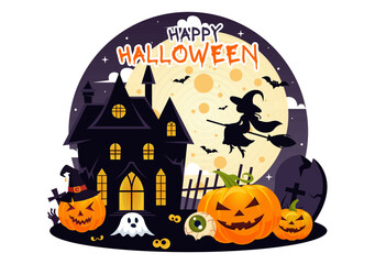 Happy Halloween Night Vector Illustration featuring Pumpkins in the Moonlight, Ghosts, and Other Spooky Elements in a Flat Cartoon Background