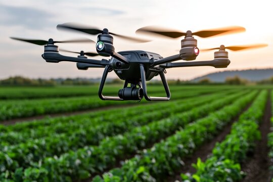 A futuristic rural farm, where drones and robots assist in planting, harvesting, and managing crops in a technologically advanced countryside.
