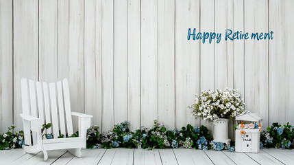 a peaceful retirement scene with a white Adirondack chair, surrounded by blooming flowers and a rustic wooden background. 