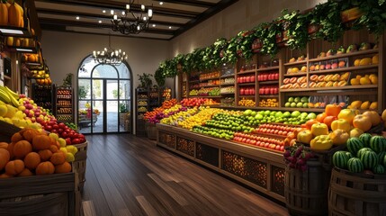 Fototapeta premium A realistic and very detailed fruit shop interior with fresh produce, featuring vibrant colors and crisp textures.