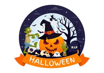 Happy Halloween Night Vector Illustration featuring Pumpkins in the Moonlight, Ghosts, and Other Spooky Elements in a Flat Cartoon Background
