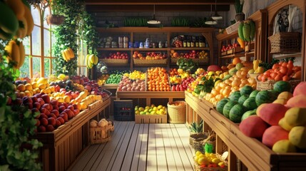 Obraz premium A realistic and very detailed fruit shop interior with fresh produce, featuring vibrant colors and crisp textures.