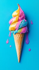 Colorful melting ice cream cone on blue background