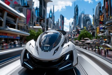 Fototapeta premium A futuristic urban metropolis, with sleek, high-tech buildings and advanced transportation systems moving through the city.