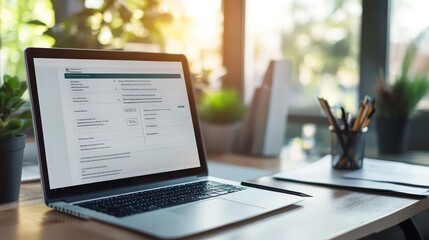 A digital e-invoice on a laptop screen in an office environment. Financial paperwork, modern tech, and a tidy workspace visible