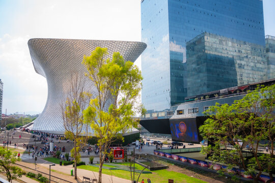 Mexico, Mexico City - June 4, 2024: A view of the iconic Soumaya Museum alongside modern skyscrapers in the Polanco district of Mexico City, Mexico.