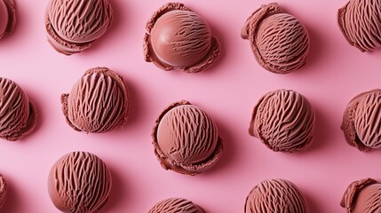 Chocolate ice cream scoop pattern on solid pink background fresh sweet snack food