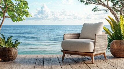 Mock up frame of a cozy seaside porch with a modern beige outdoor chair, wooden planks, and the ocean in the background
