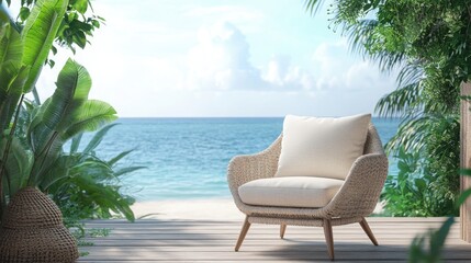 Fototapeta premium Mock up frame of a cozy seaside porch with a modern beige outdoor chair, wooden planks, and the ocean in the background
