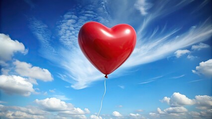 red balloon heart flying in sky silhouette on white background
