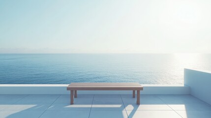 Fototapeta premium Mock up frame of a minimalist balcony overlooking the sea, with a sleek wooden bench, soft sunlight, and the horizon in the background