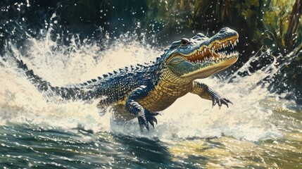 A crocodile sliding off a riverbank into the water, with splashes and ripples radiating from its entry.