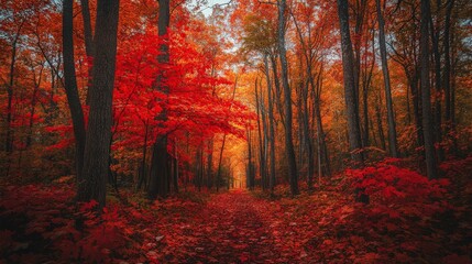 Obraz premium A forest scene filled with maple trees, their leaves bursting with vivid red and orange colors, creating a stunning fall landscape