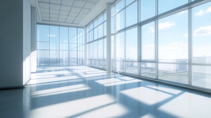 Fototapeta premium Modern office space with panoramic windows overlooking a city skyline.
