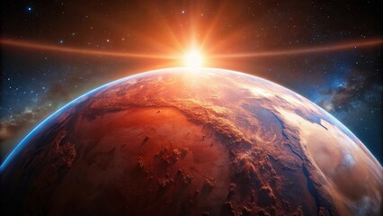 Fototapeta premium Red earth with light shining through the universe, high angle view