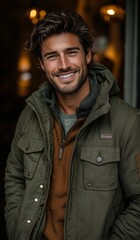 Fototapeta premium Male Model in Olive Green Jacket Against Autumn-Themed Studio Backdrop