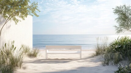 Mock up frame of a minimalist beachside patio with a white wooden bench, sandy flooring, and soft sunlight reflecting off the water