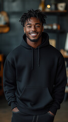 Fototapeta premium Male Model in Black Streetwear Hoodie Posed in Industrial-Chic Studio