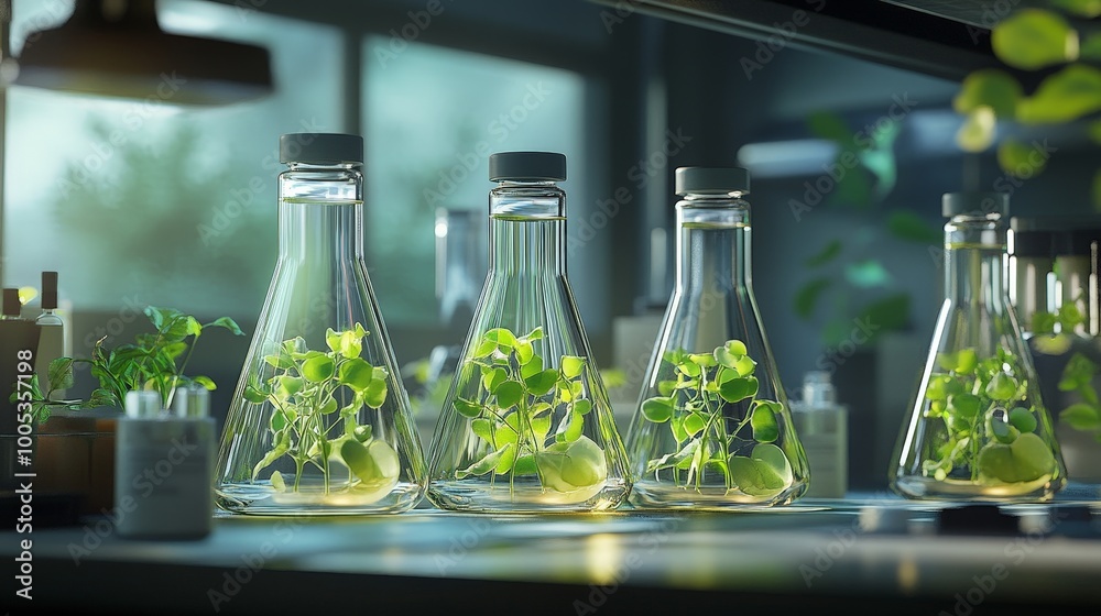 Poster a lab bench displaying several erlenmeyer flasks with pea plant samples, emphasizing ongoing scienti