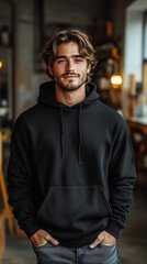 Male Model in Black Streetwear Hoodie Posed in Industrial-Chic Studio