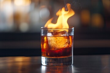 front view of old-fashioned glass with cold alcoholic drink and a piece of ice on steel bar surface and fire flame at it with generative ai