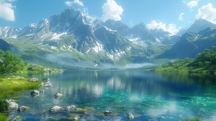 Fototapeta premium Serene mountain lake with clear blue water, lush green hills, and snow capped peaks. AI generative. .