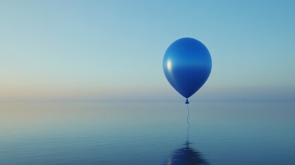 A lone blue balloon drifting on a clear, transparent background. The balloon's rich blue hue and reflective surface create a captivating visual