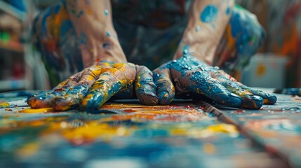 Close-up of colorful paint-covered hands on a surface. AI generative. .