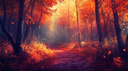 Naklejka premium A magical autumn path in a serene forest, where the fiery hues of fall colors create an enchanting and peaceful setting for a relaxing walk