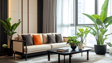 Modern living room with sofa, coffee table, and plants.