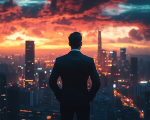 Plakat Back view of an executive in a suit overlooking the city skyline and skyscrapers at sunset, with a dramatic and colorful sky, symbolizing success