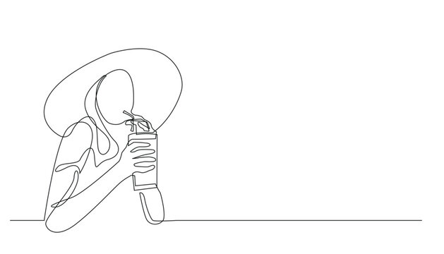 continuous line vector woman enjoying juice.single line woman in hat drinking juice.holiday one line drawing concept