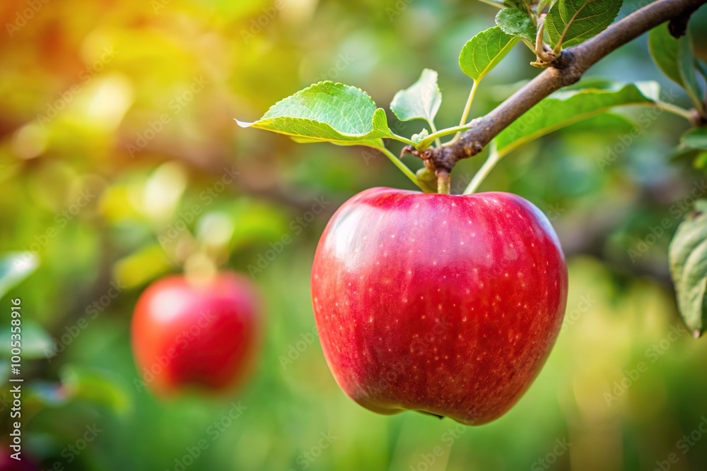 Wall mural red ripe apple hanging on a branch in a garden panorama