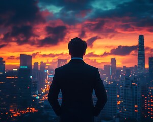 Fototapeta premium Back view of an executive man in a suit looking at the city skyline with skyscrapers during sunset, featuring a dramatic sky, successful businessman concept