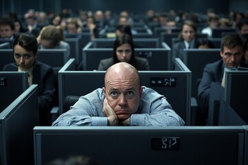 Corporate workers in cubicles looking disengaged and stressed, portraying the challenges of bureaucracy in large businesses
