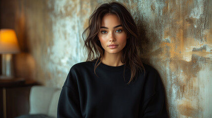 Fototapeta premium Model in Plain Black Sweatshirt Leaning Against Textured Lounge Wall