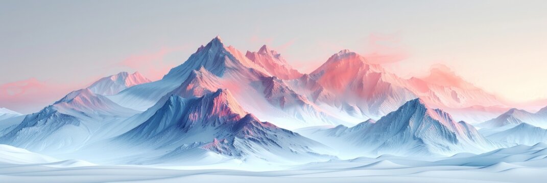 Snowy mountains with a pink and blue gradient under a soft pink sky. AI generative. .