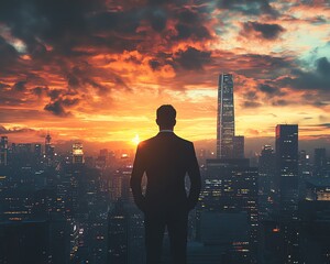 Fototapeta premium City skyline and skyscrapers viewed from the back of a man in a suit, with a dramatic sunset sky, illustrating a successful businessman